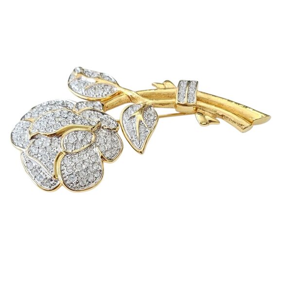 Nolan Miller Stemmed Rose Brooch, Gold Tone Clear Pave Pin Signed, J40 - Picture 3 of 8